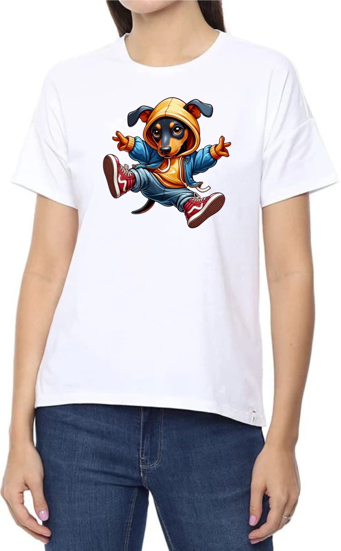 Dog Dance Round Neck Women White T-Shirt