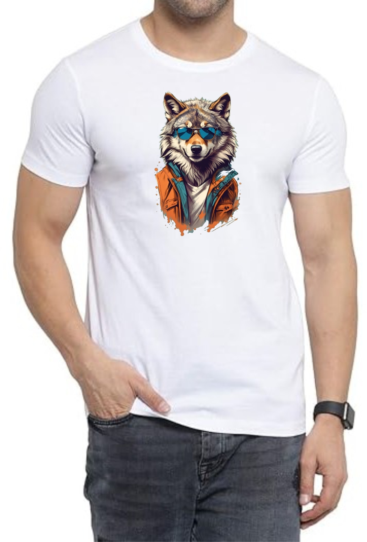 Dog Face Round Neck Men White T-Shirt