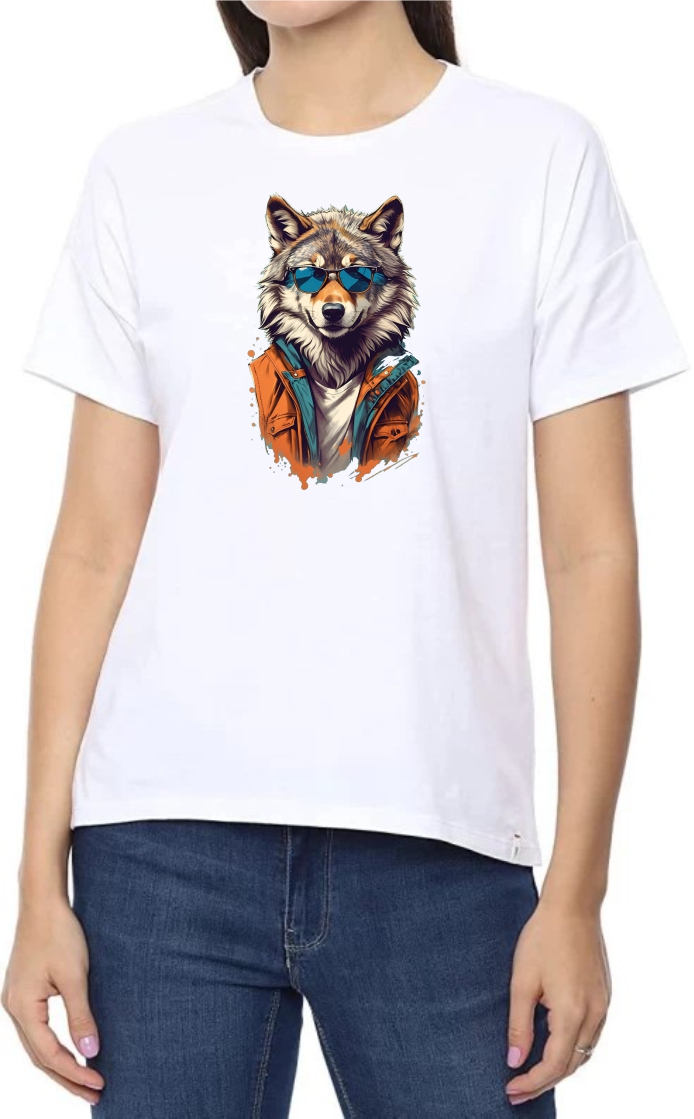 Dog Face Round Neck Women White T-Shirt