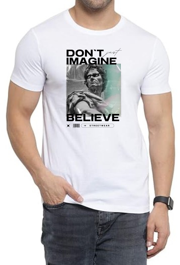 Dont Imagine (BLK) Round Neck Men White T-Shirt