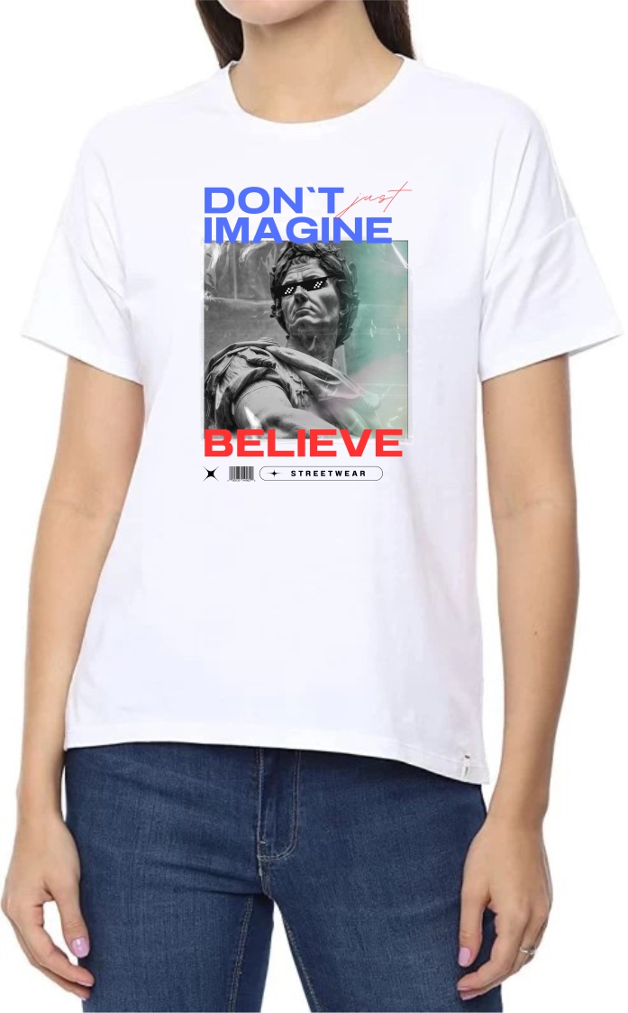 Dont Imagine (BLU) Round Neck Women White T-Shirt