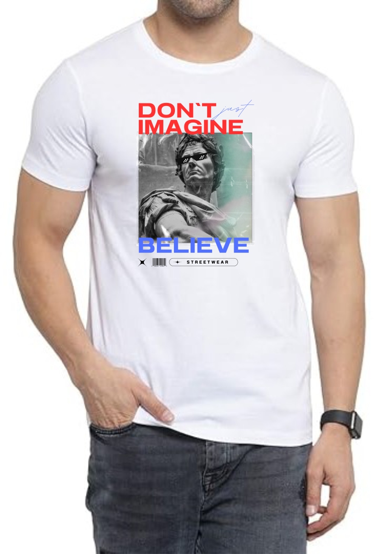 Dont Imagine (RED) Round Neck Men White T-Shirt