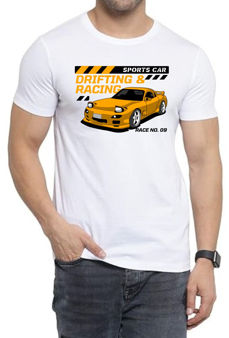 Drifting (Orange) Round Neck Men White T-Shirt