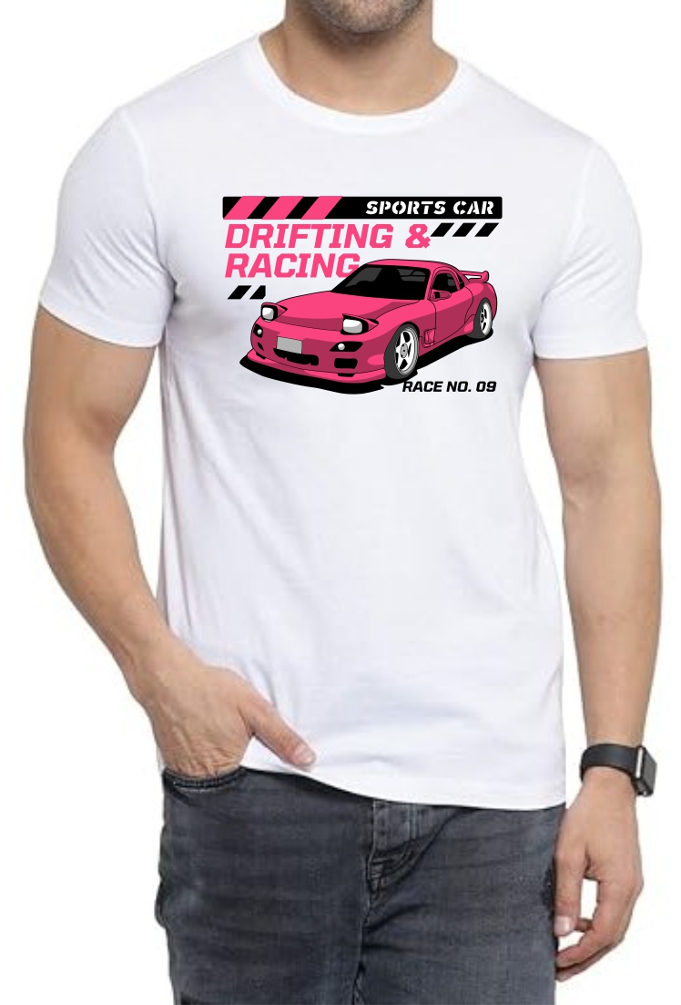 Drifting (PINK) Round Neck Men White T-Shirt