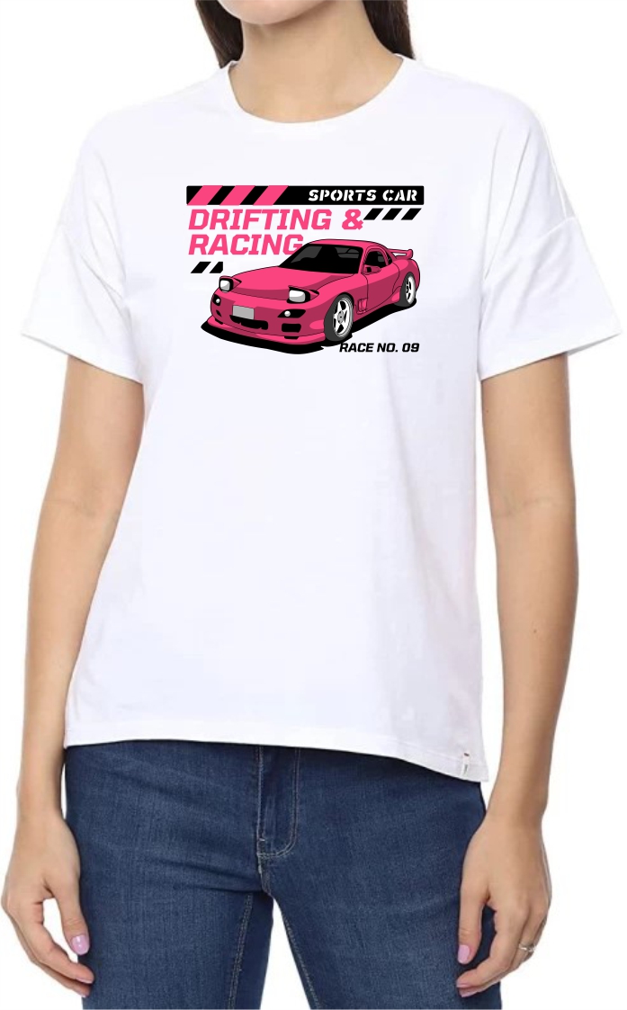Drifting (PINK) Round Neck Women White T-Shirt