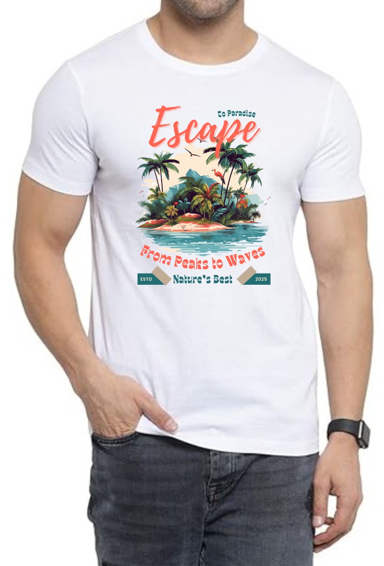Escape to Paradise Round Neck Men White T-Shirt