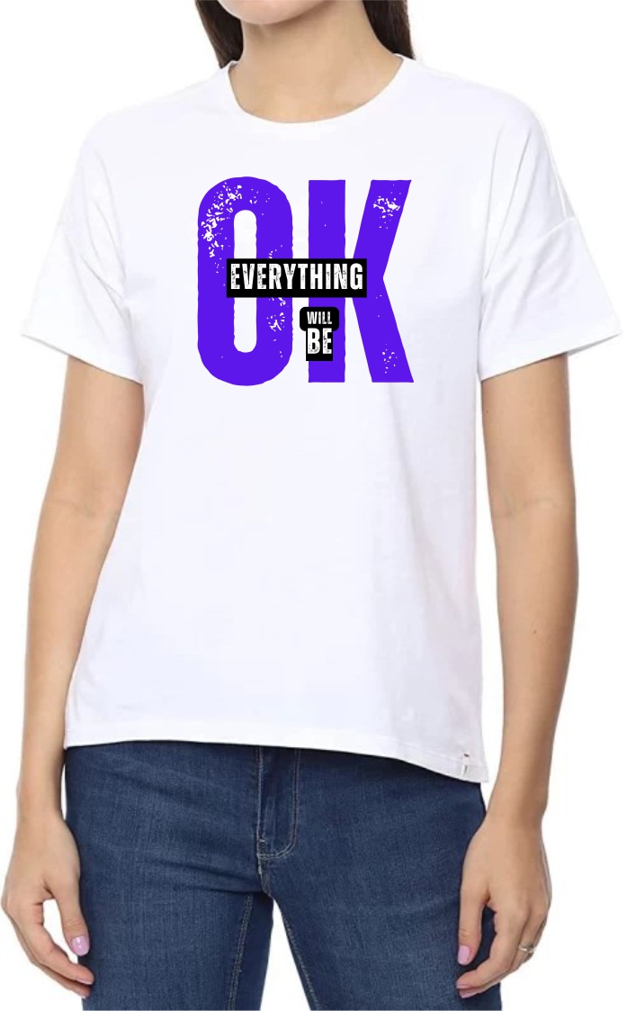 Everything OK (BLU) Round Neck Women White T-Shirt