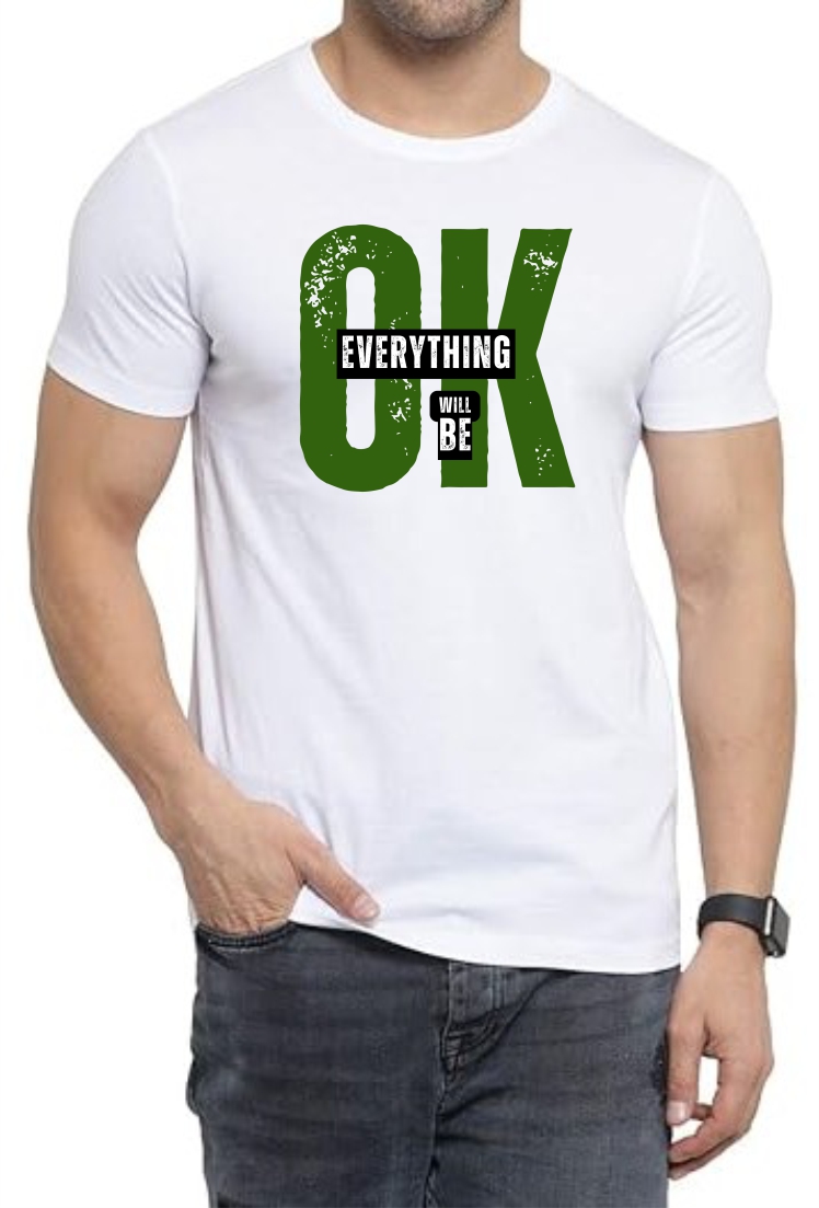 Everything OK (GREEN) Round Neck Men White T-Shirt