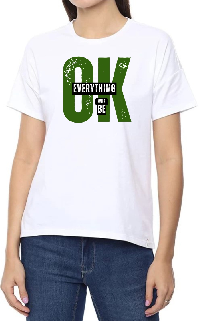 Everything OK (GREEN) Round Neck Women White T-Shirt
