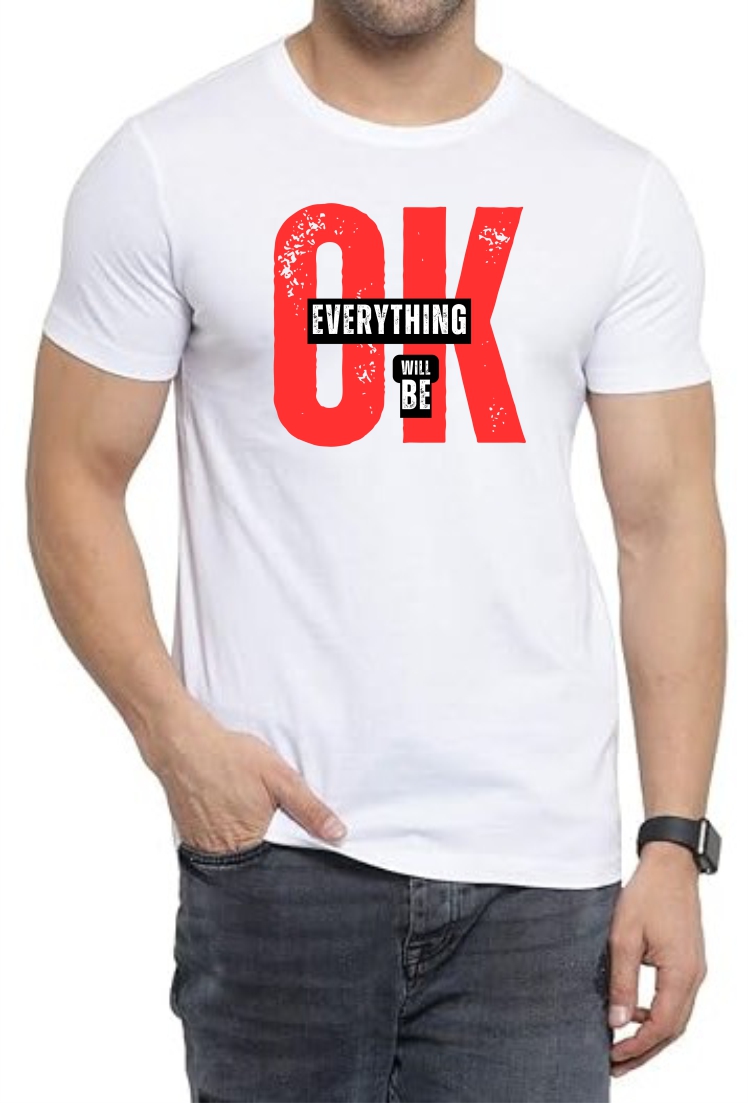 Everything OK (RED) Round Neck Men White T-Shirt