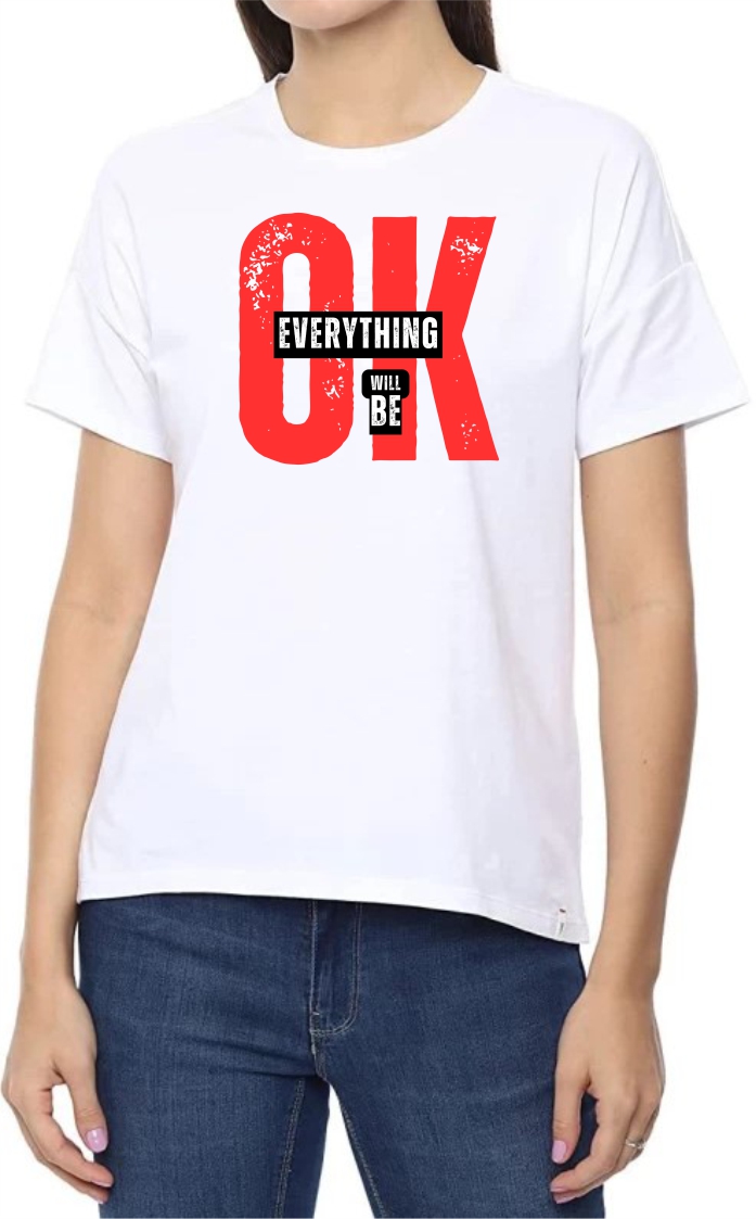 Everything OK (RED) Round Neck Women White T-Shirt