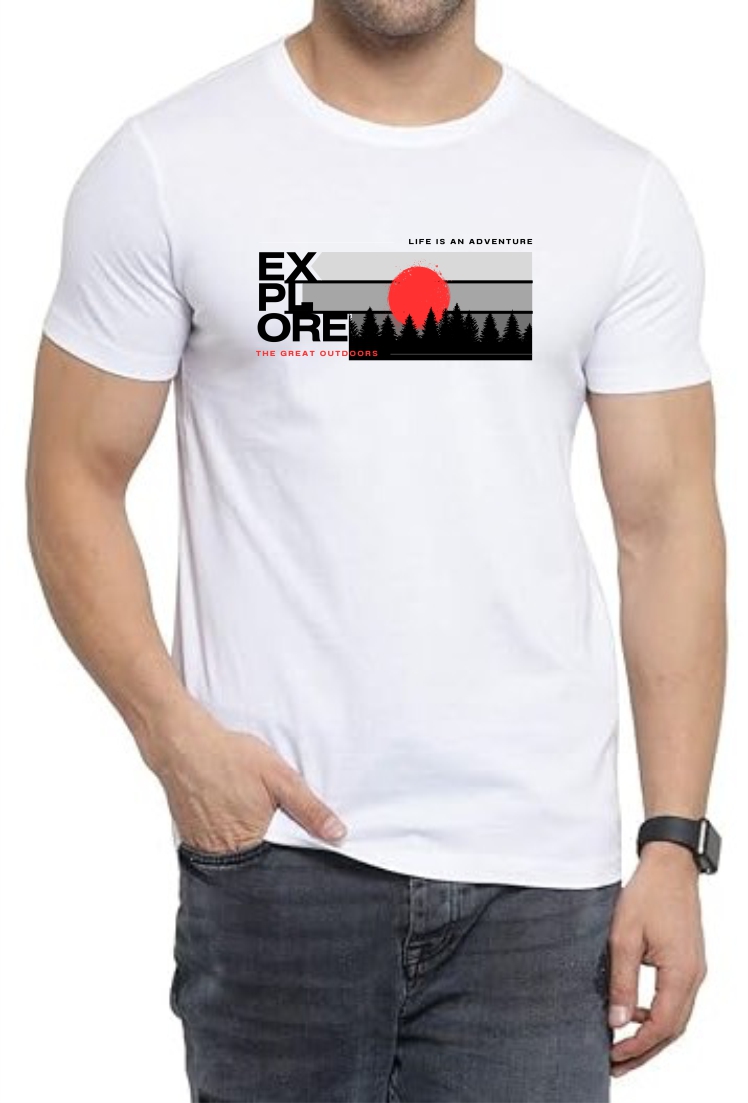 Explore (BLK) Round Neck Men White T-Shirt