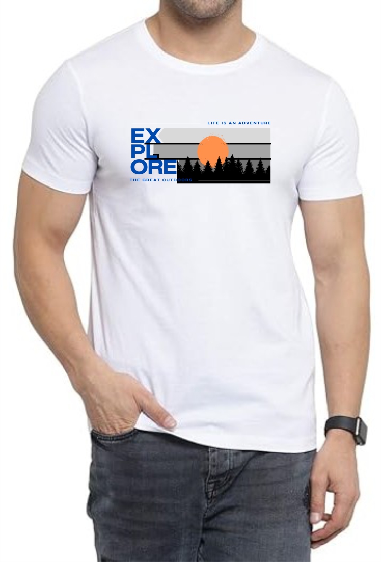 Explore (BLU) Round Neck Men White T-Shirt