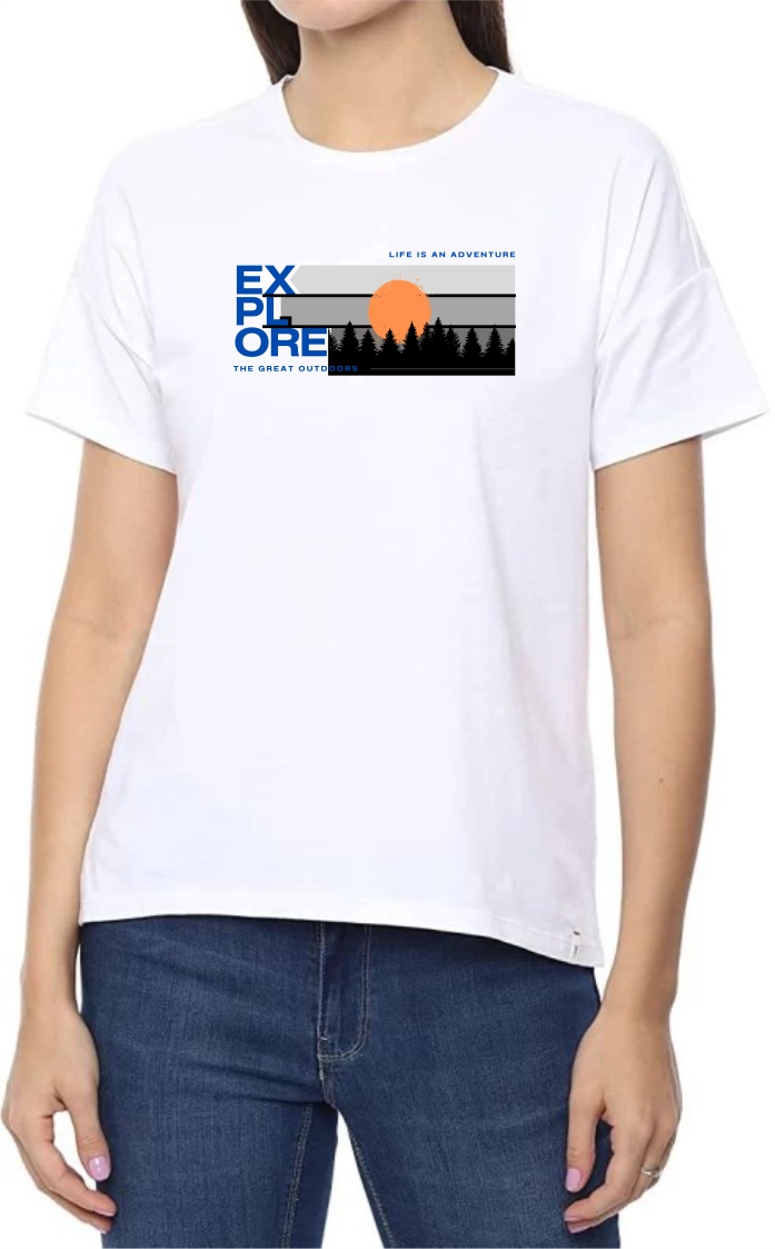 Explore (BLU) Round Neck Women White T-Shirt