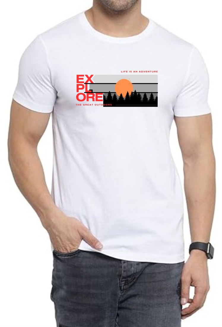Explore (RED) Round Neck Men White T-Shirt