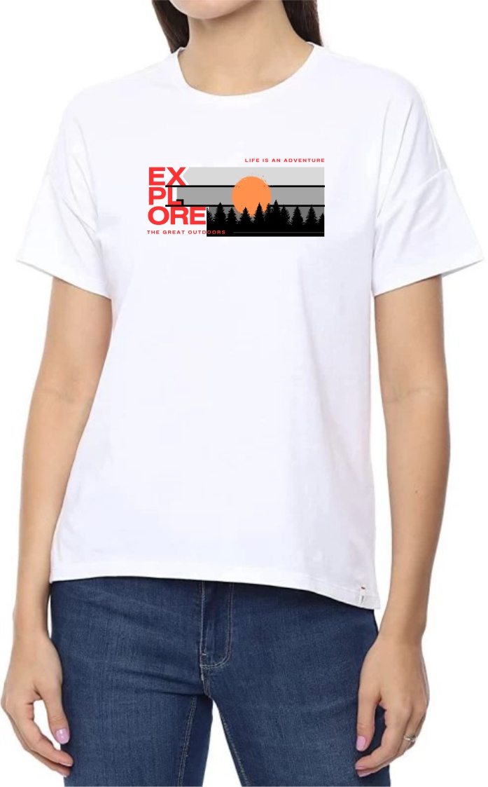 Explore (RED) Round Neck Women White T-Shirt