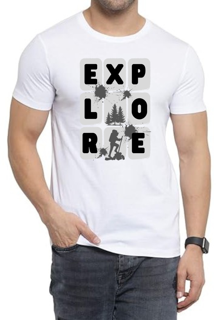Explorer (BLK) Round Neck Men White T-Shirt