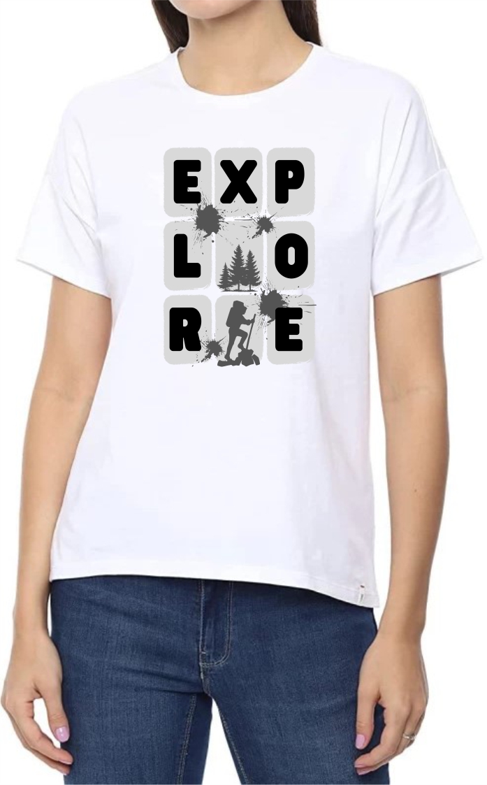 Explorer (BLK) Round Neck Women White T-Shirt