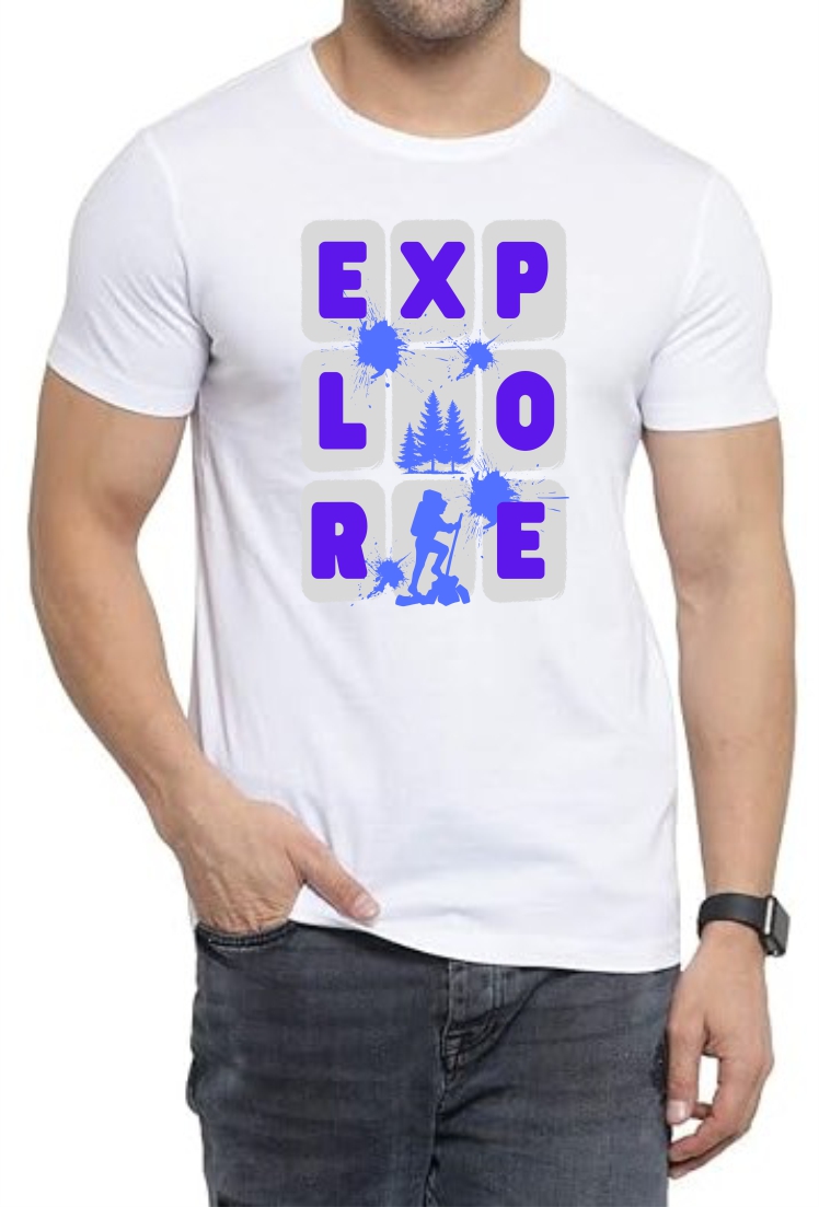 Explorer (BLU) Round Neck Men White T-Shirt