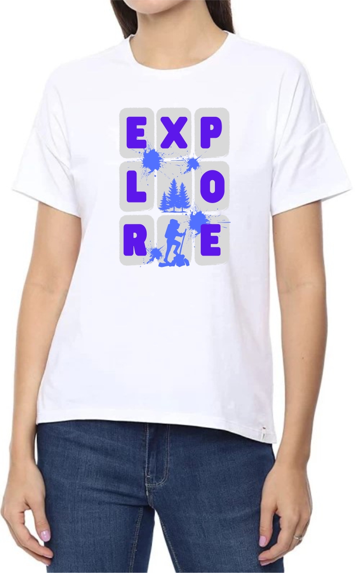 Explorer (BLU) Round Neck Women White T-Shirt