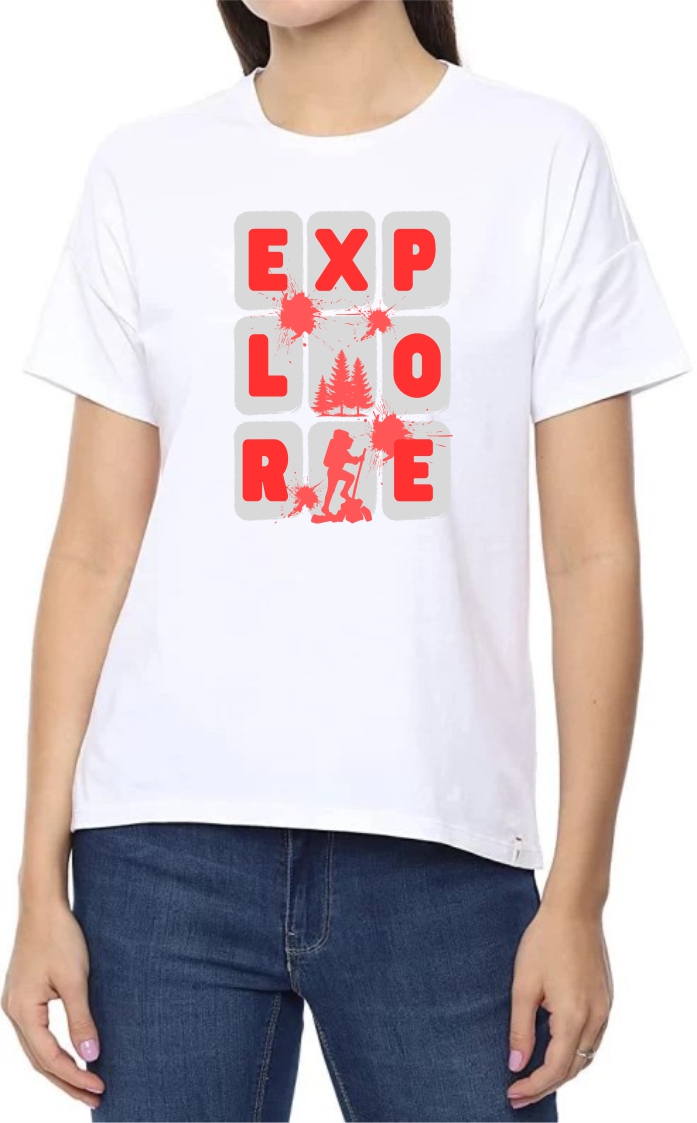 Explorer (RED) Round Neck Women White T-Shirt