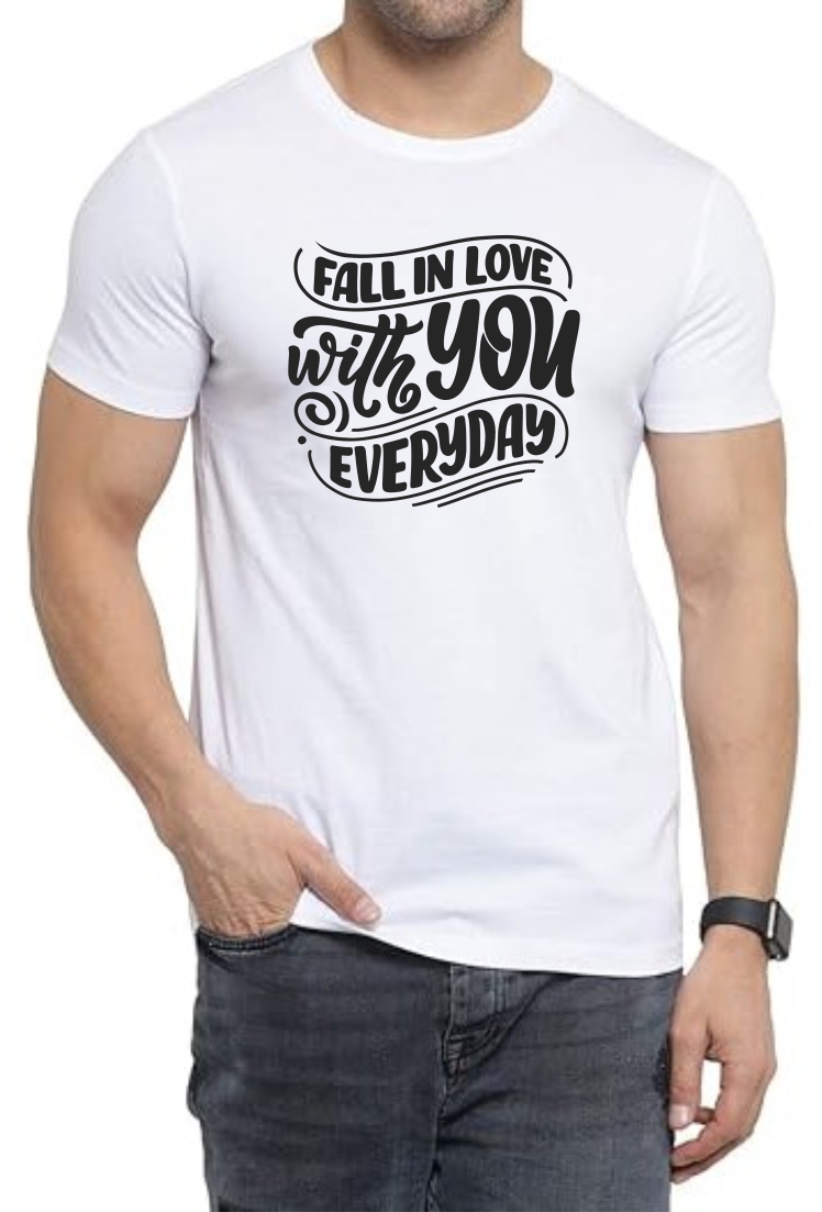 Fall In Love (BLK) Round Neck Men White T-Shirt