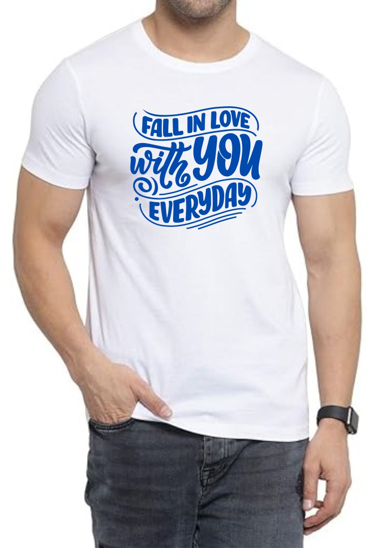 Fall In Love (BLU) Round Neck Men White T-Shirt