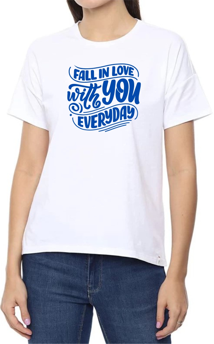 Fall In Love (BLU) Round Neck Women White T-Shirt