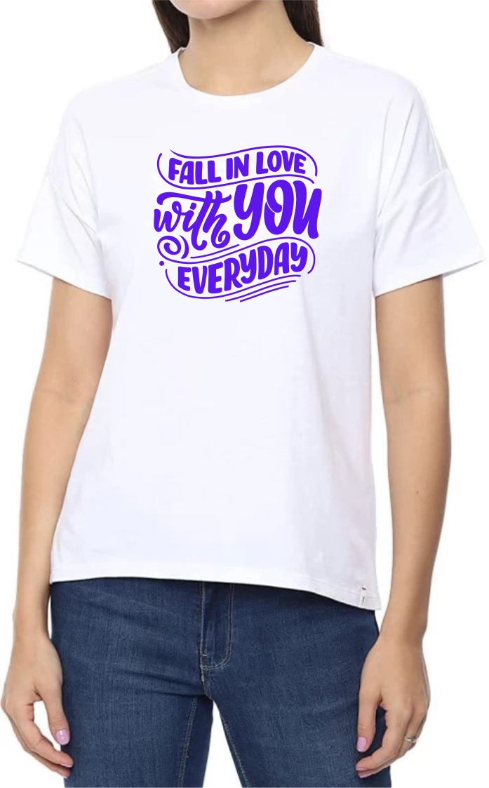Fall In Love (PUR) Round Neck Women White T-Shirt