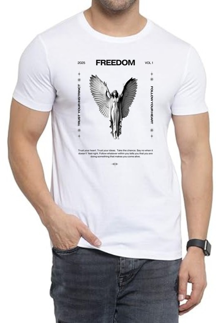 Freedom (BLK) Round Neck Men White T-Shirt
