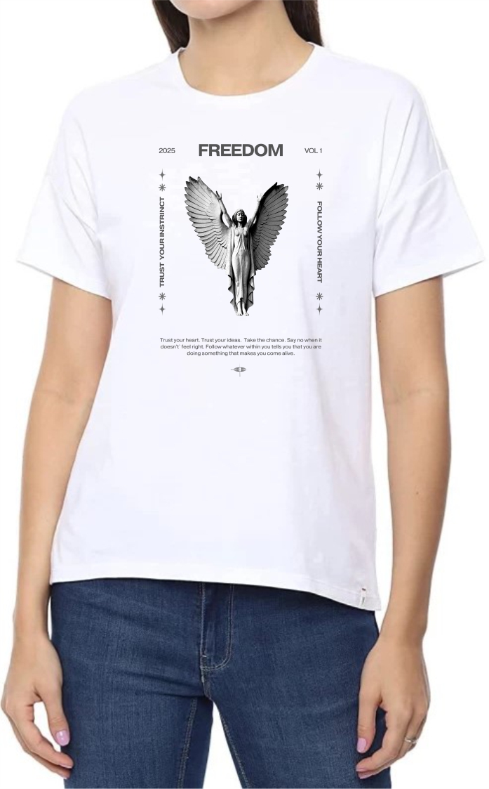 Freedom (GREY) Round Neck Women White T-Shirt
