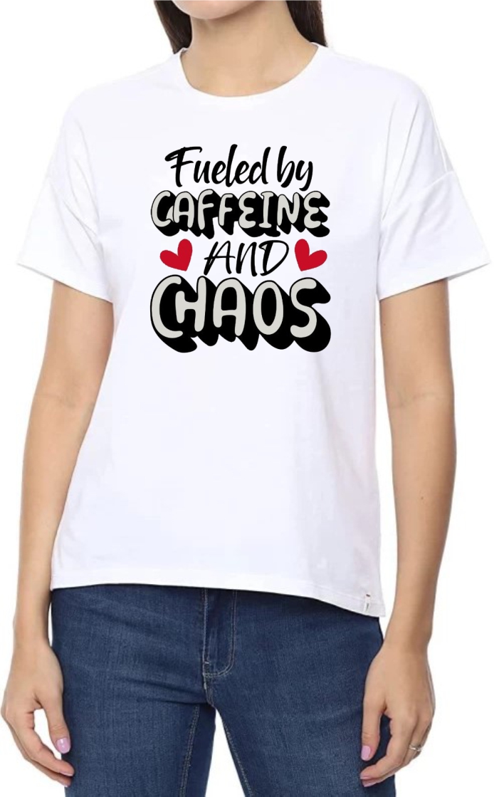 Fueled Chaos Round Neck Women White T-Shirt