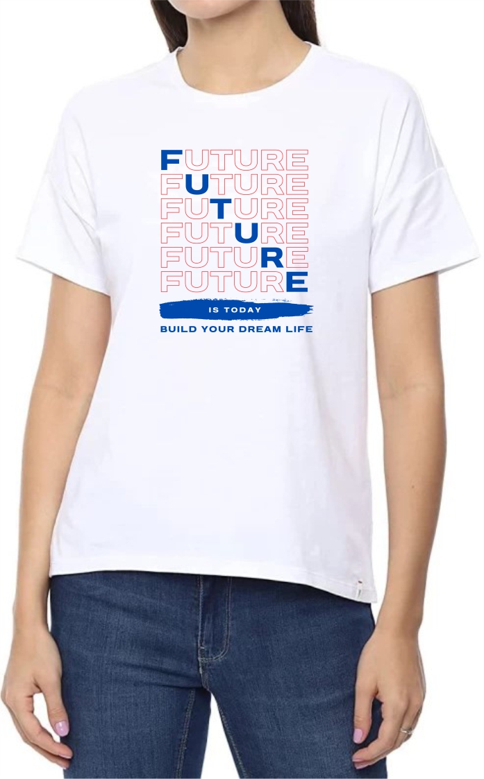Future (BLU-RED) Round Neck Women White T-Shirt