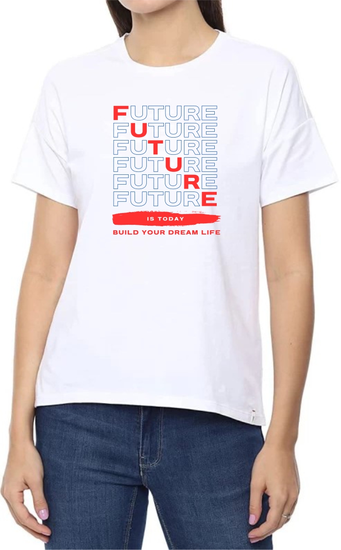 Future (RED-BLU) Round Neck Women White T-Shirt