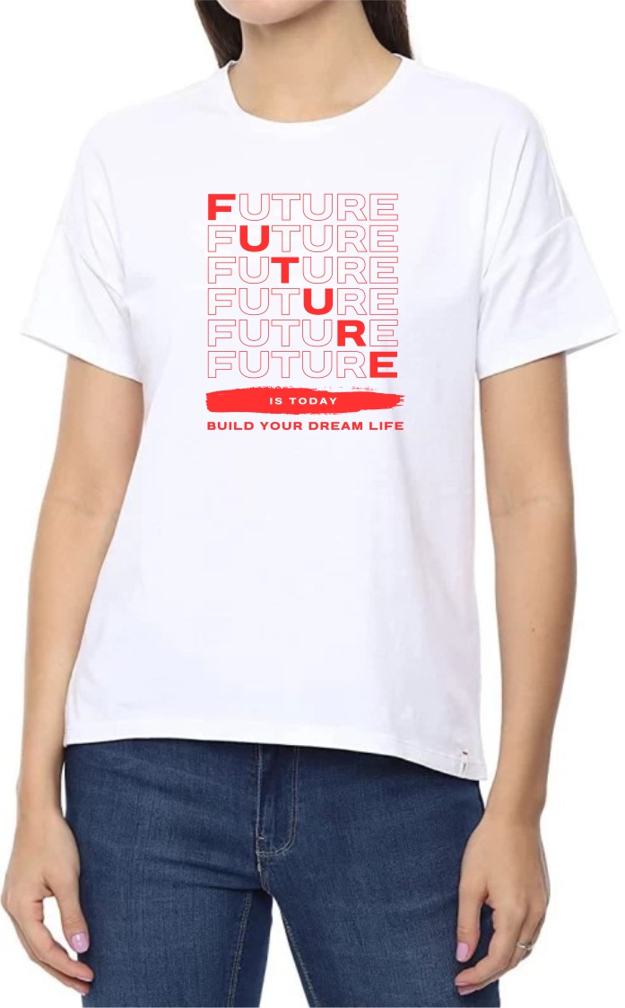 Future (RED) Round Neck Women White T-Shirt
