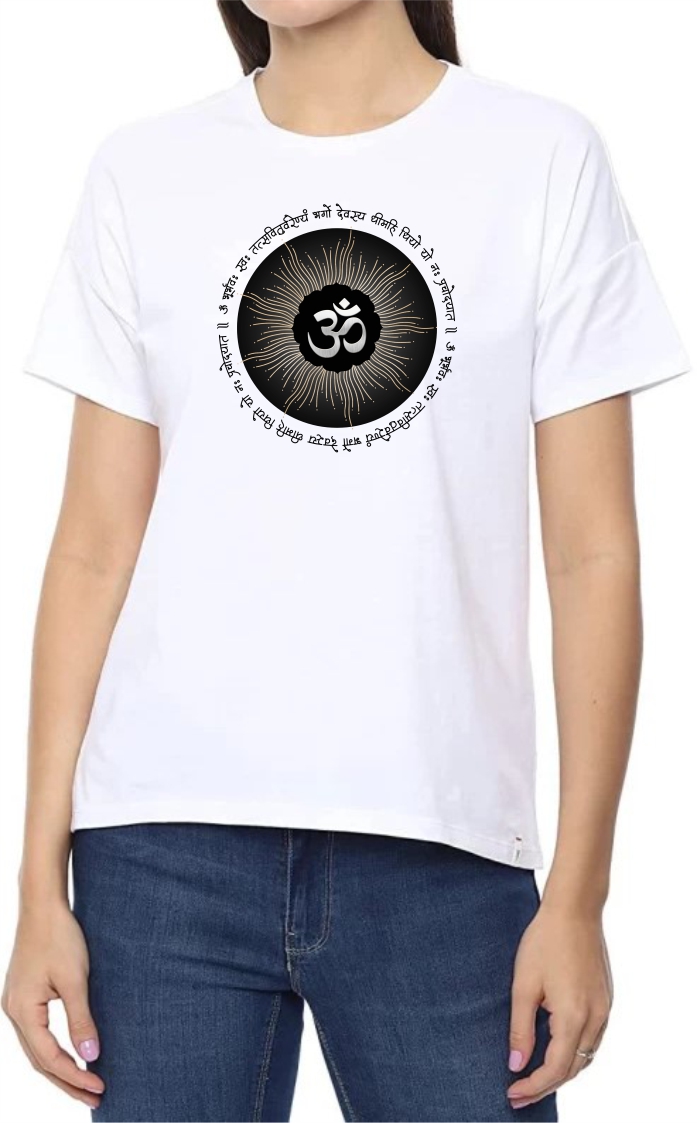 Gayatri Mantra Round Neck Women White T-Shirt
