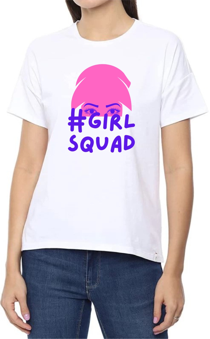 Girl Squad (Pink) Round Neck Women White T-Shirt