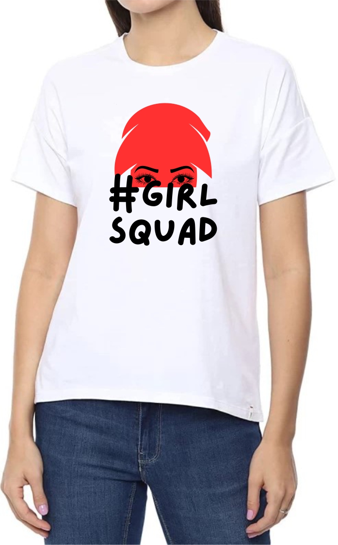 Girl Squad (RED) Round Neck Women White T-Shirt