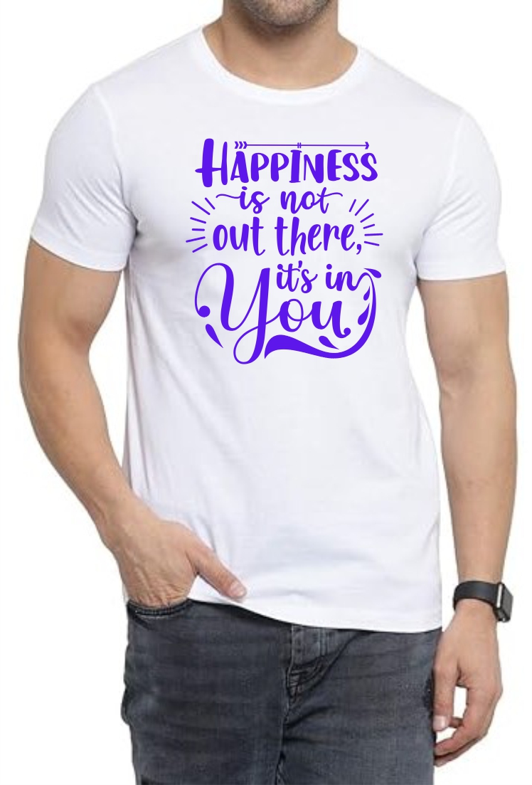 Happiness (BLU) Round Neck Men White T-Shirt