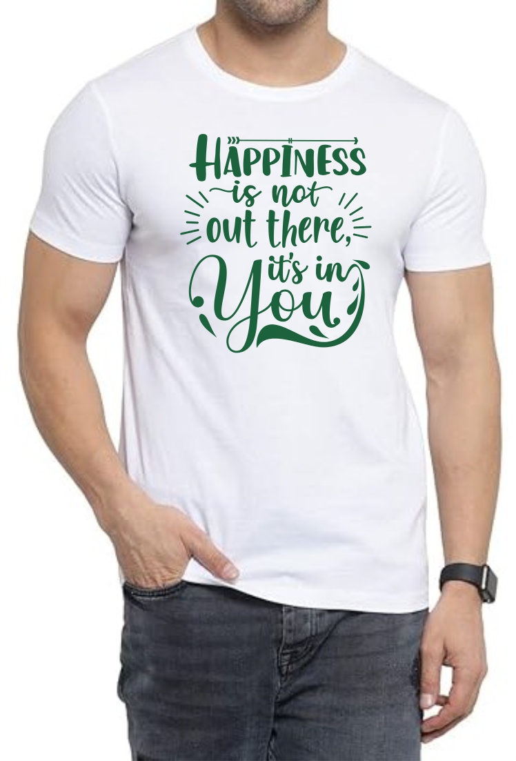 Happiness (GREEN) Round Neck Men White T-Shirt