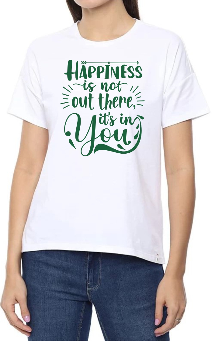 Happiness (GREEN) Round Neck Women White T-Shirt