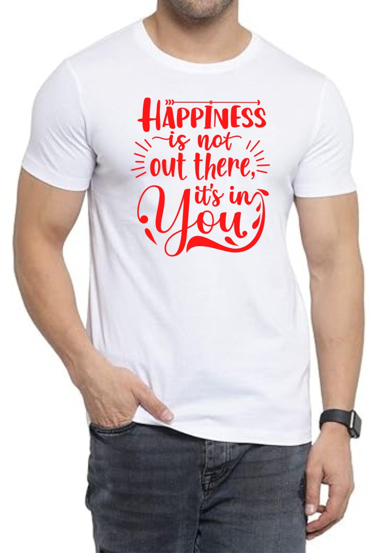 Happiness (RED) Round Neck Men White T-Shirt
