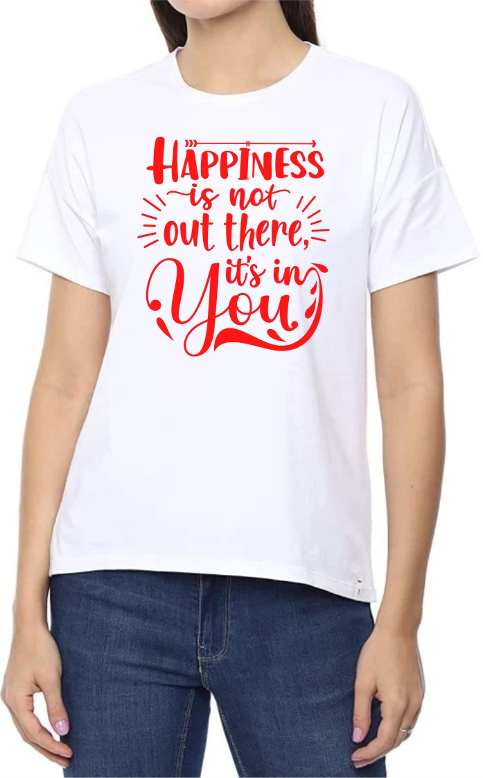 Happiness (RED) Round Neck Women White T-Shirt