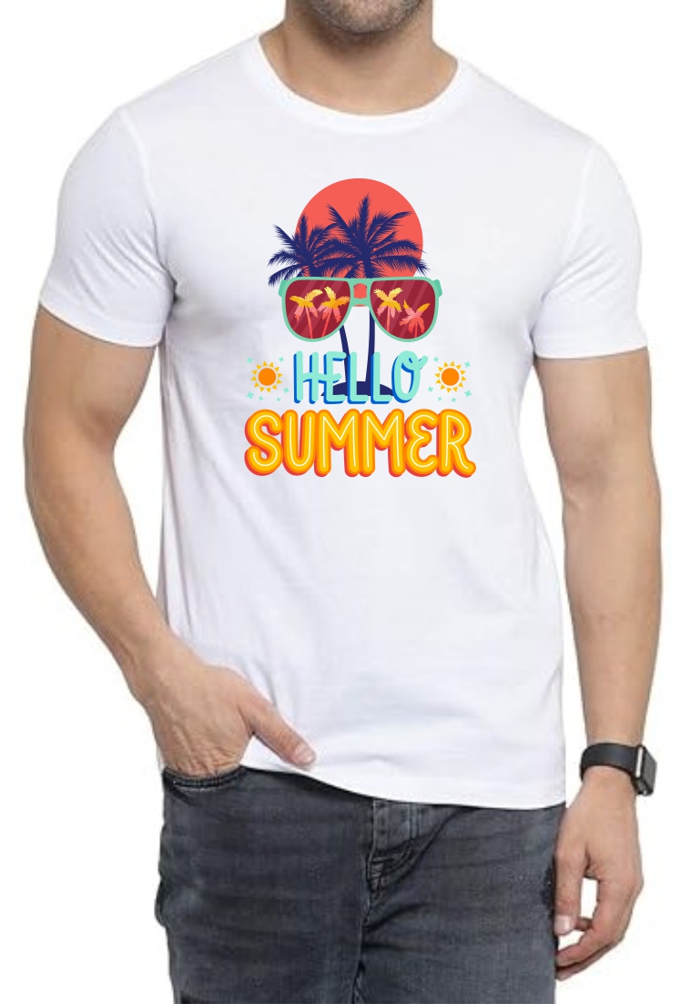 Hello Summer Round Neck Men White T-Shirt