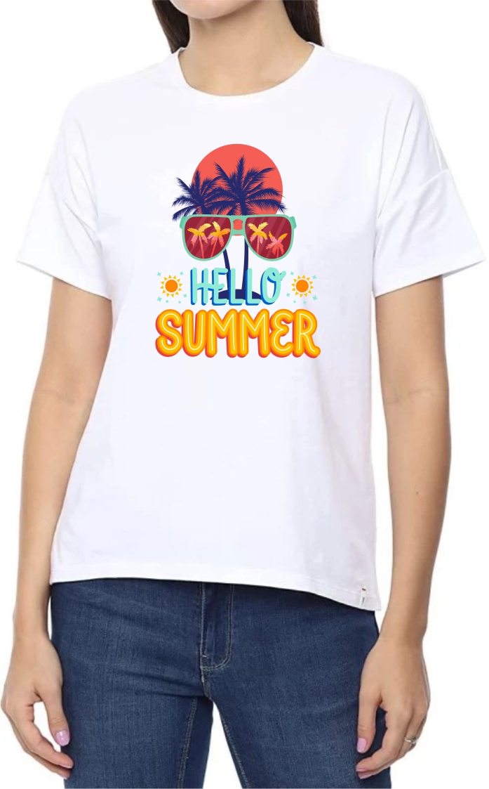 Hello Summer Round Neck Women White T-Shirt