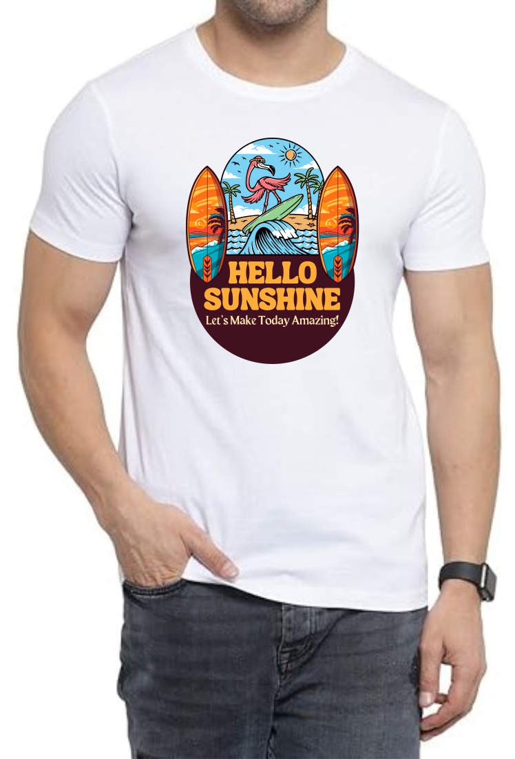 Hello Sunshine Round Neck Men White T-Shirt