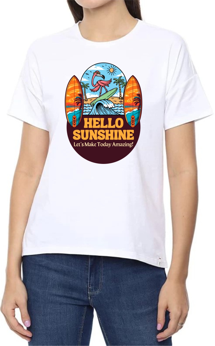 Hello Sunshine Round Neck Women White T-Shirt