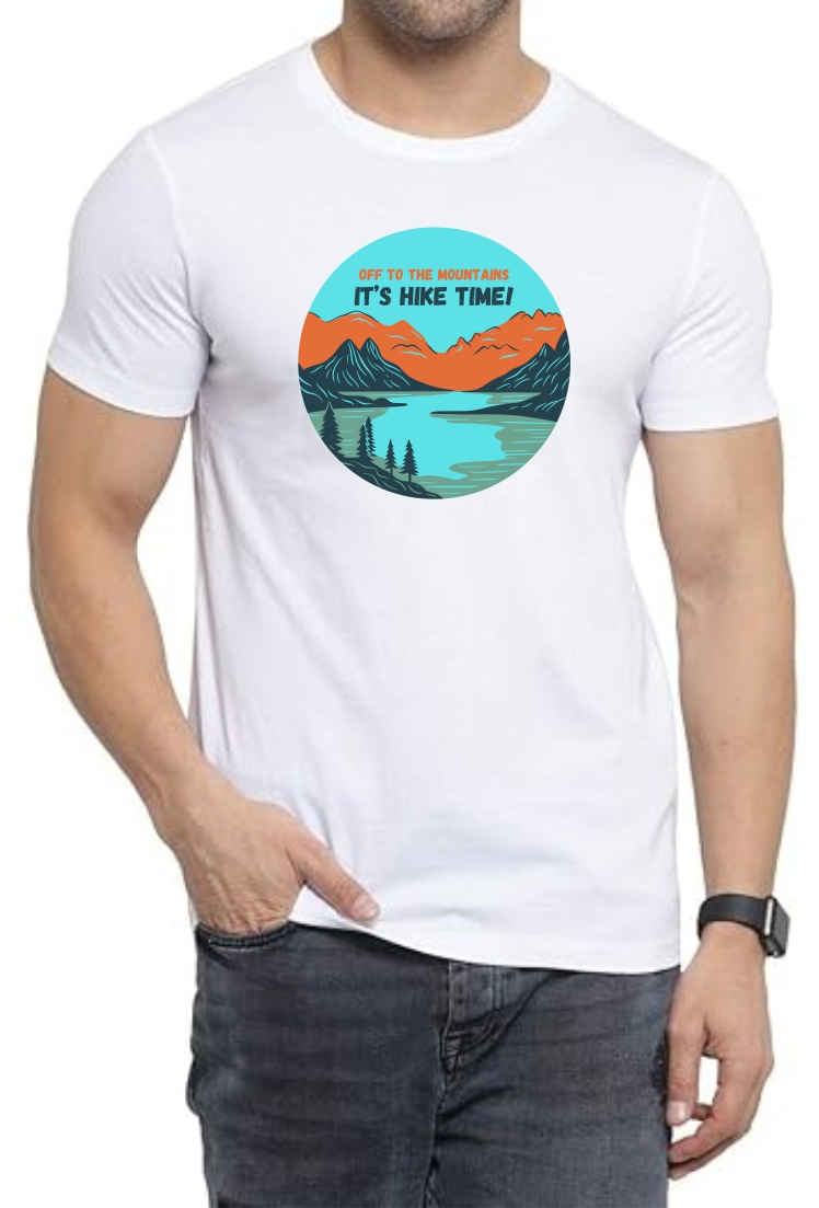 Hike Time Round Neck Men White T-Shirt