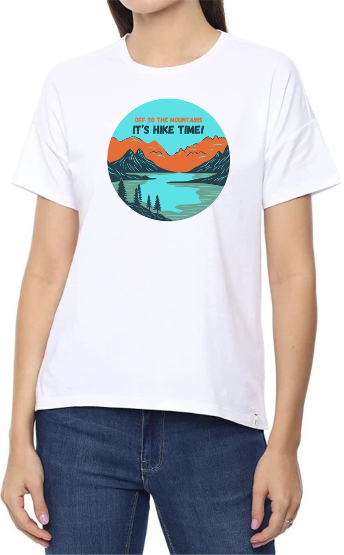 Hike Time Round Neck Women White T-Shirt