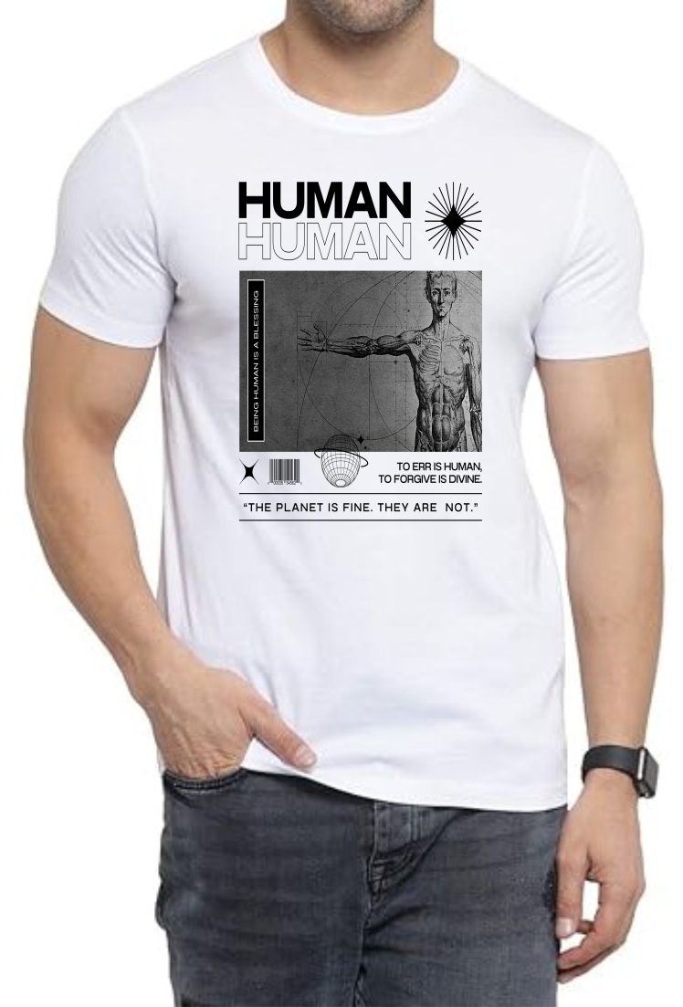 Human (BLK) Round Neck Men White T-Shirt